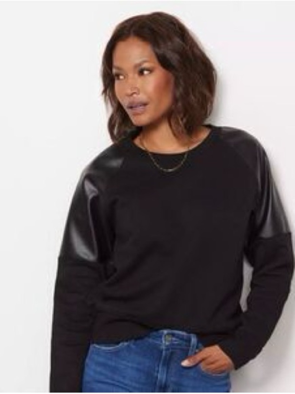 🕶️ EVEREVE Women’s Black Faux Leather Trim Crewneck Sweatshirt - Size L
